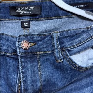 Judy Blue Relaxed Fit Mid-Rise Jeans Womens 32 Blue Stretch Distressed Zip Fly